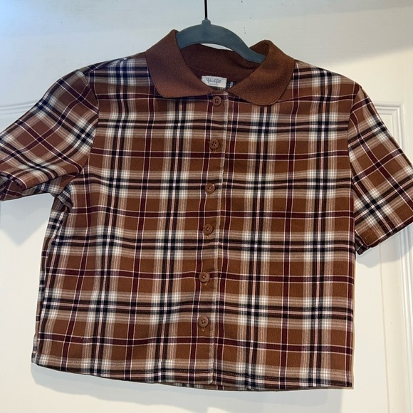 john galt Tops - John Galt (Brandy Melville Sub-brand)Brown Plaid Short Sleeve Button Up Shirt